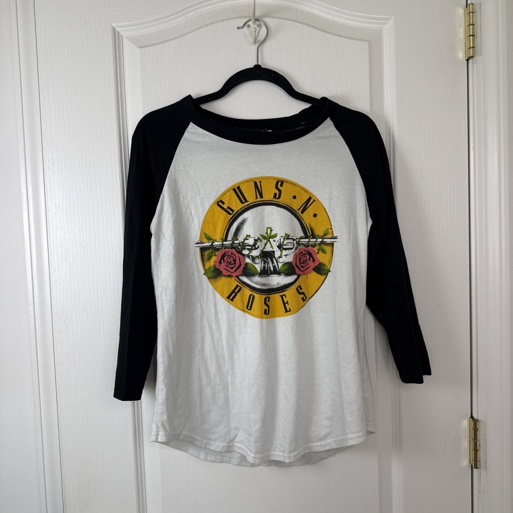 Guns N Roses Raglan Baseball Tee Womens L Cream Black Band Graphic Rock Top